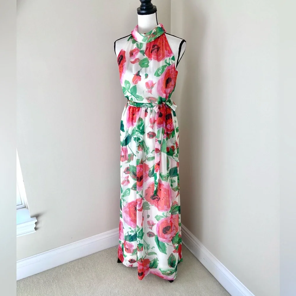Jessica Howard Floral Chiffon Feminine Halter Maxi Dress Size 6